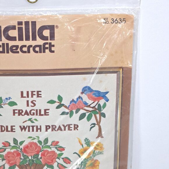 Vintage Bucilla Life Is Fragile Cross Stitch Kit 3635 Needlecraft Sampler‎ Linen - Picture 4 of 11